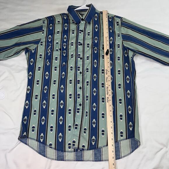 Wrangler Western Shirt Size 16.5 x 35 Blue Striped Aztec Pearl Snap Cowboy Cut - Picture 2 of 13